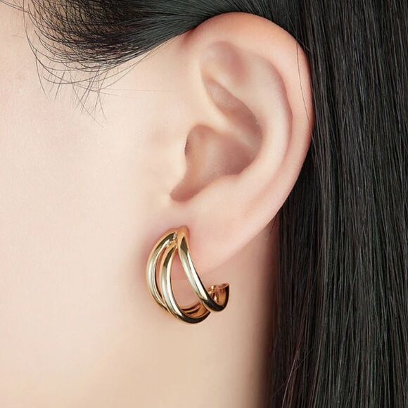 New 18K Gold Plated Twisted Three Layered Triple 3D Hoop Earrings - Picture 1 of 9